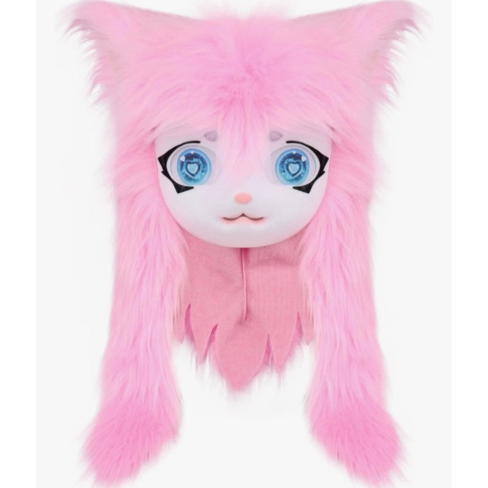 Pink Faux Fur Anime Animal Mask Hood Blue Eyes Kids Costume Cosplay Halloween
